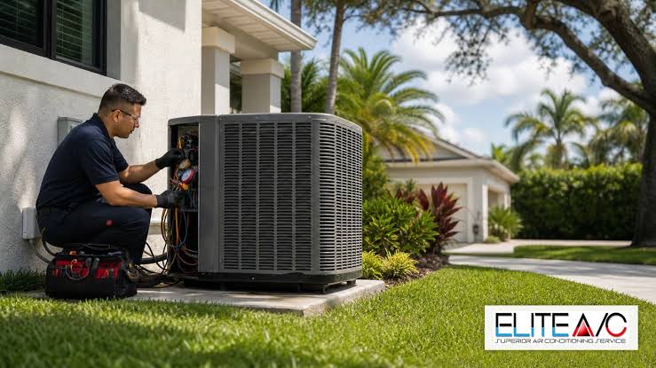 Technician servicing a residential outdoor air conditioning unit beside a house